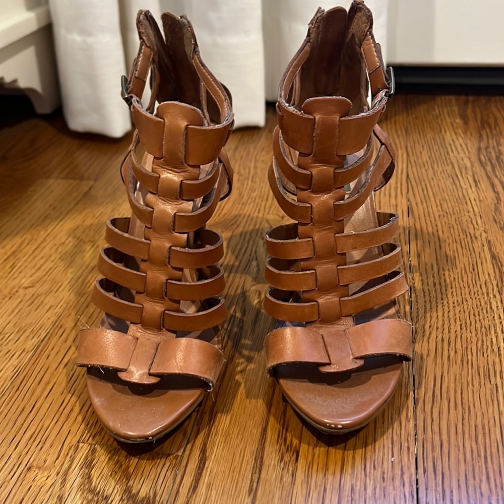 Tan strappy leather heels